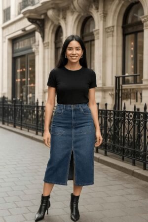 Blue Denim Midi Skirt with Front Slit for Women