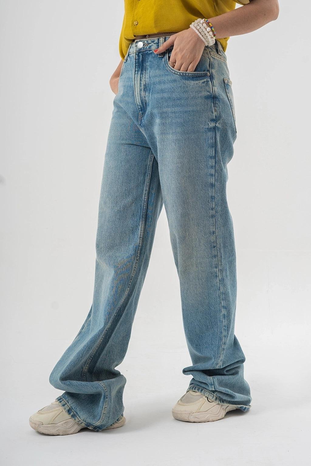 Baggy Fit Blue Denim Pants with Panel Stitch Detailing