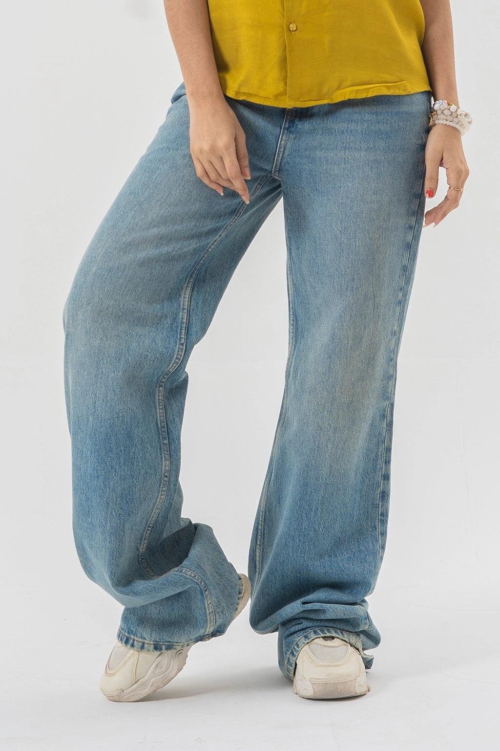 Baggy Fit Blue Denim Pants with Panel Stitch Detailing