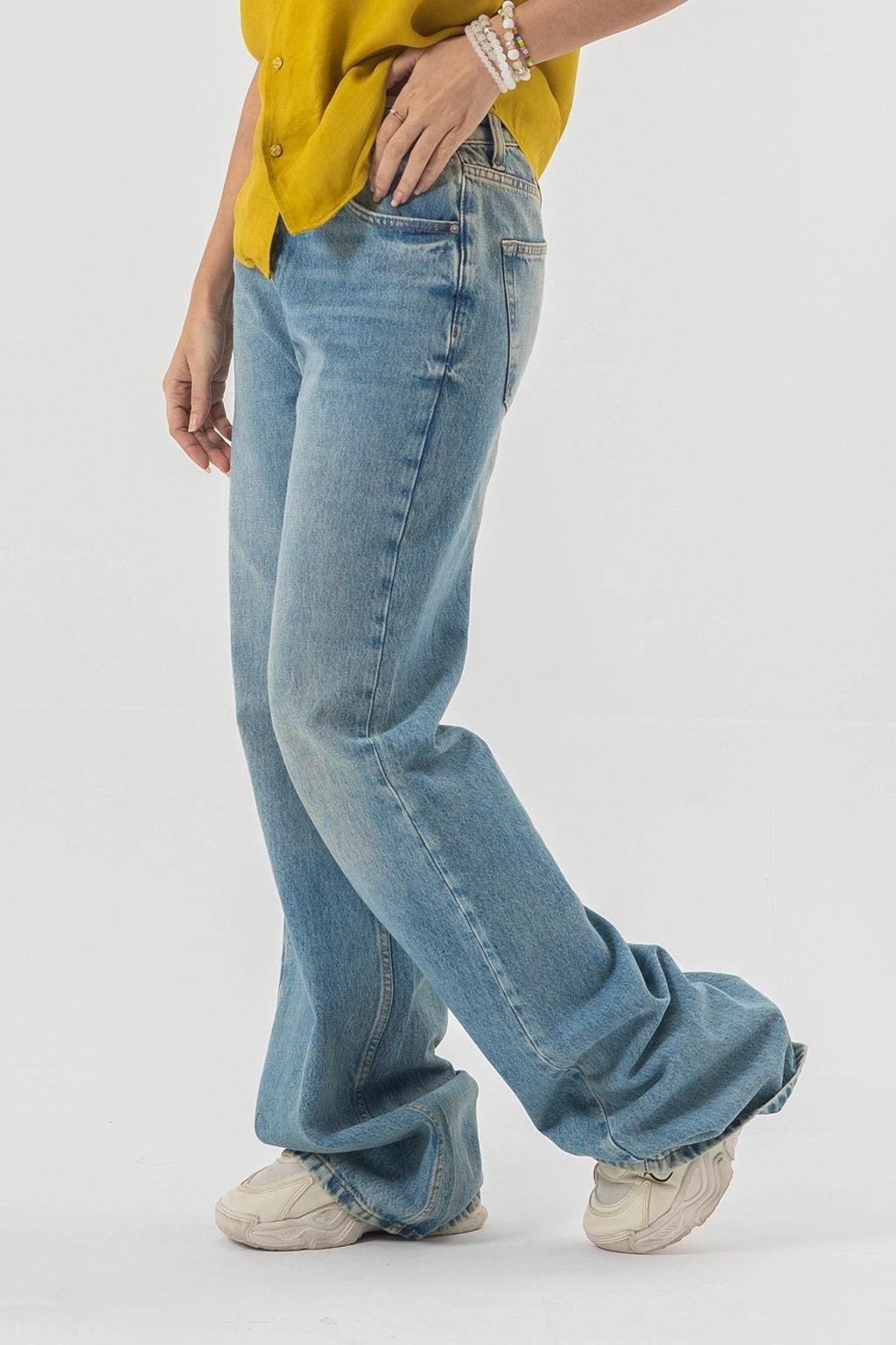 Baggy Fit Blue Denim Pants with Panel Stitch Detailing